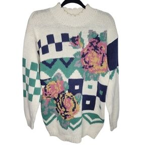 Vintage 80s 62 East Chunk Cowlneck Rose Sweater Size Medium in Cream Pink